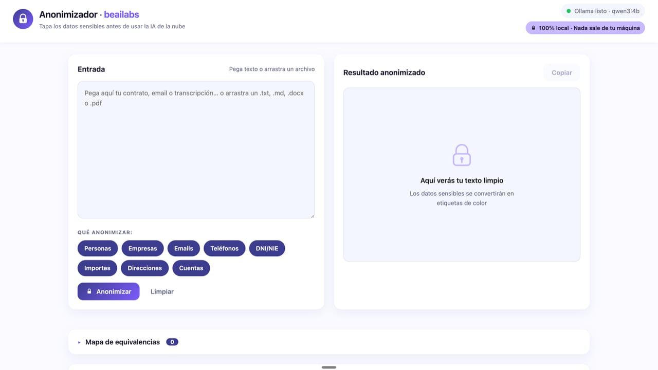 Interfaz del Anonimizador, que tapa datos sensibles en local antes de usar IA en la nube