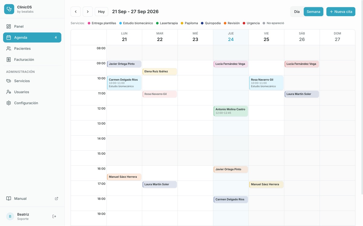 Agenda semanal de ClinicOS con las citas de la clínica por servicio, con datos de demostración